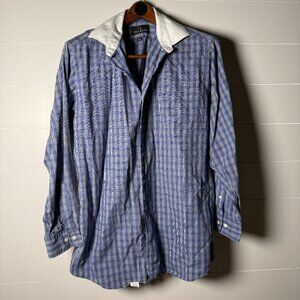 Bill Blass Button Down White Collared Dress Shirt, Blue White Plaid, 16.5x32-33